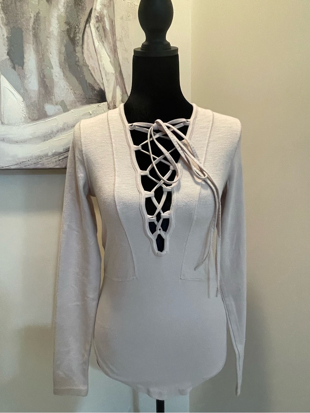Lace-Up V-Neck Long Sleeve Top - Light Beige